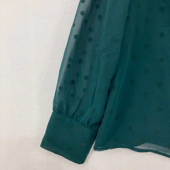 New J. Crew size XL Green V Neck Swiss Dot Long Sleeve Chiffon Blouse Preppy - Picture 5 of 12